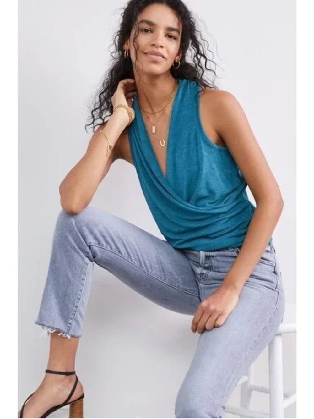 Anthropologie Teal Wrap-Front Sleeveless going out top size large